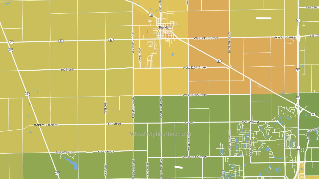 Map of the best neighborhoods in the Sheridan area, with better matches in green and worse matches in red