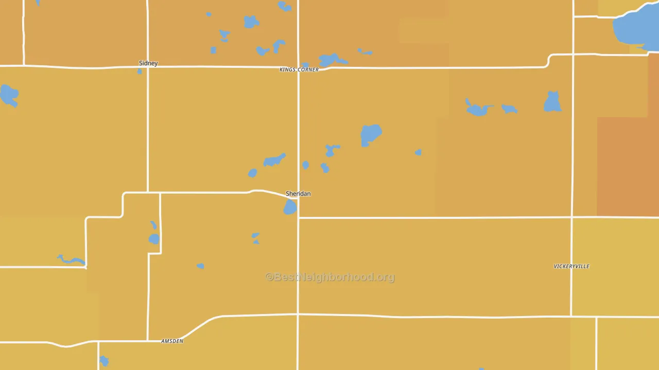 Map of the best neighborhoods in the Sheridan area, with better matches in green and worse matches in red