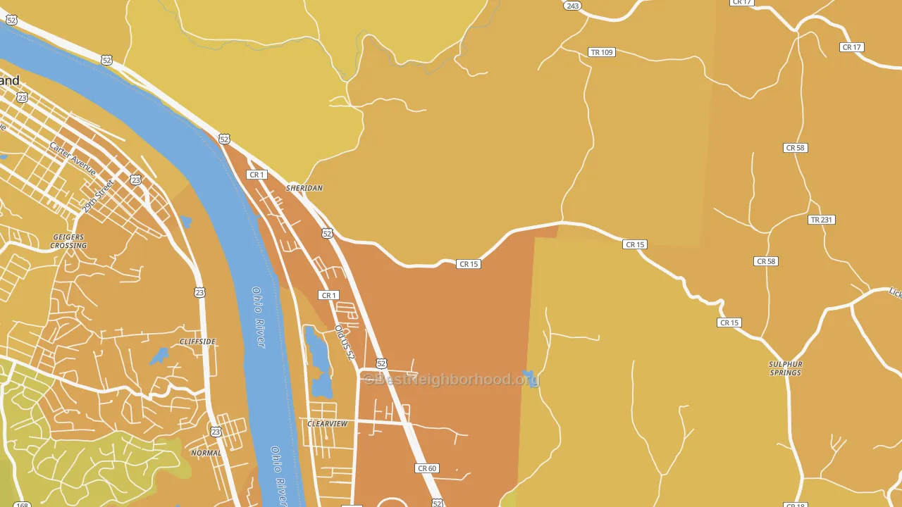 Map of the best neighborhoods in the Sheridan area, with better matches in green and worse matches in red