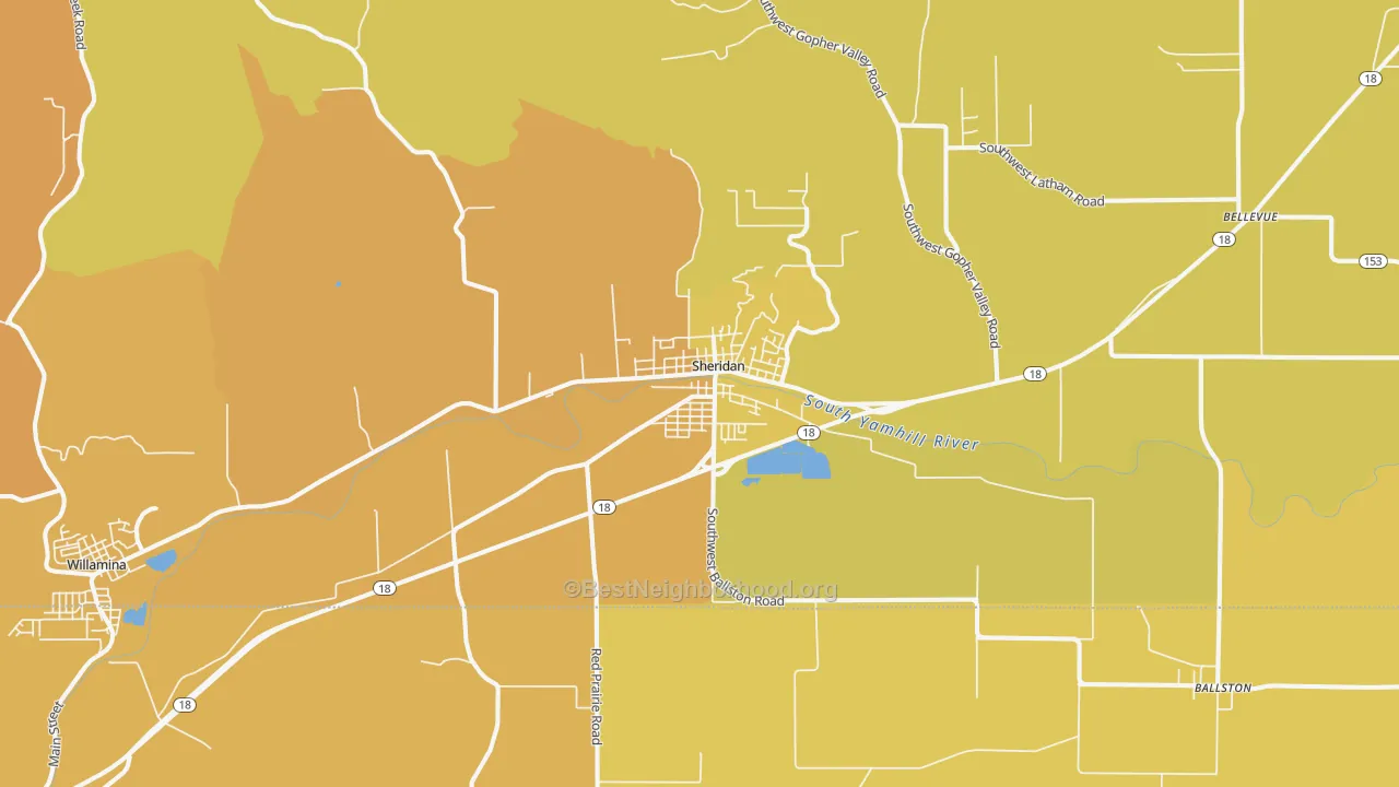 Map of the best neighborhoods in the Sheridan area, with better matches in green and worse matches in red