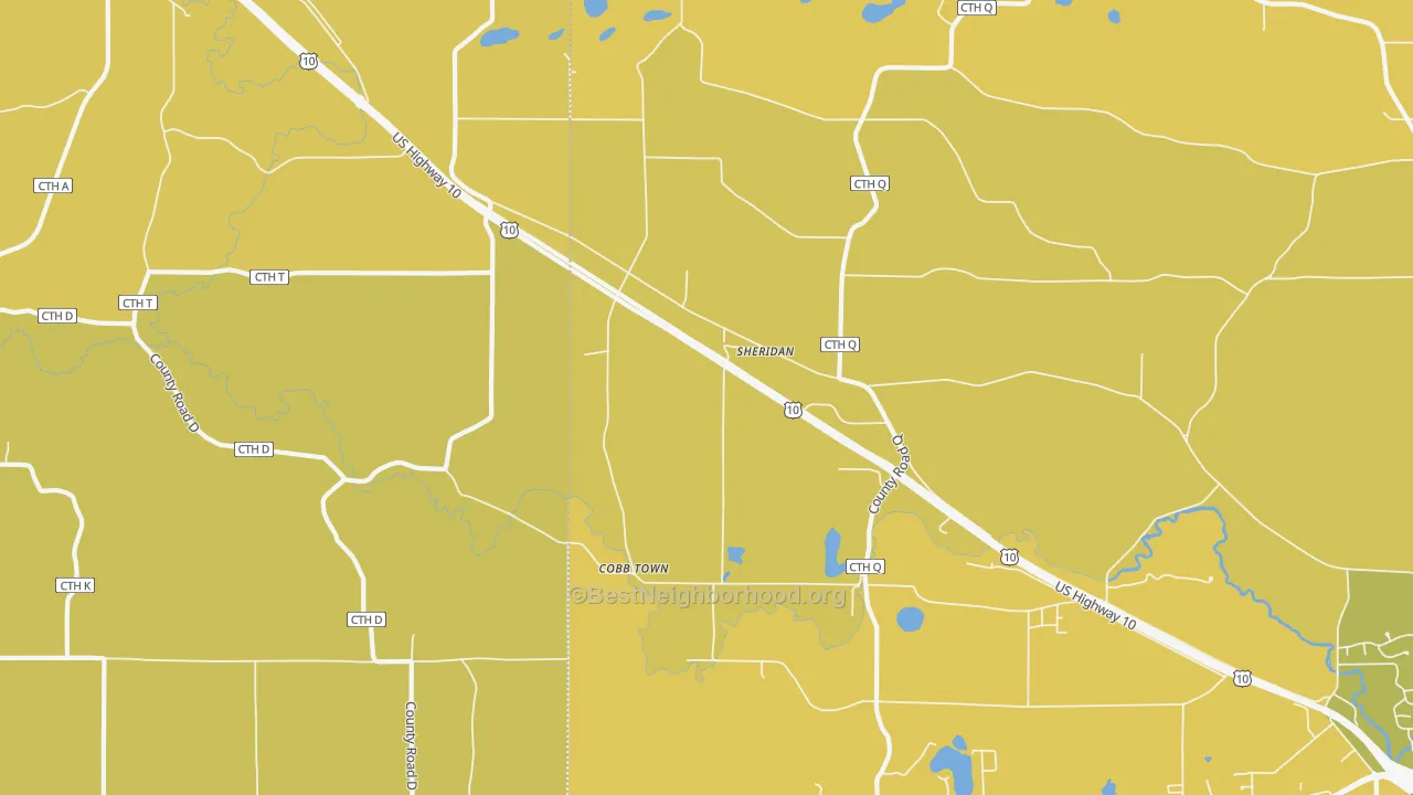 Map of the best neighborhoods in the Sheridan area, with better matches in green and worse matches in red