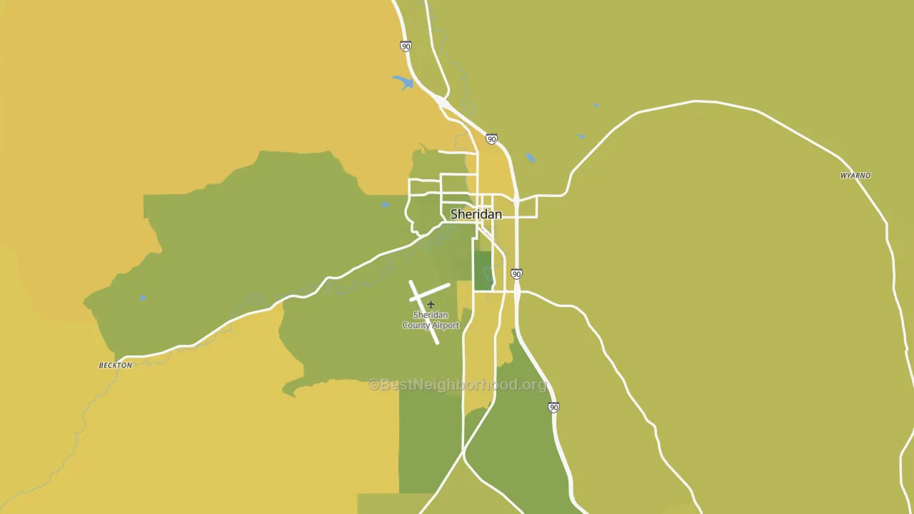 Map of the best neighborhoods in the Sheridan area, with better matches in green and worse matches in red