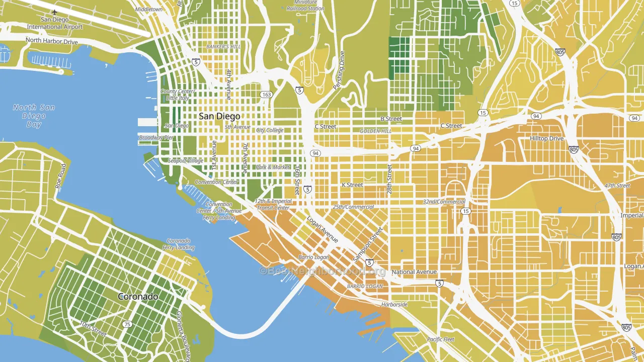 Map of the best neighborhoods in the Sherman Heights, San Diego area, with better matches in green and worse matches in red