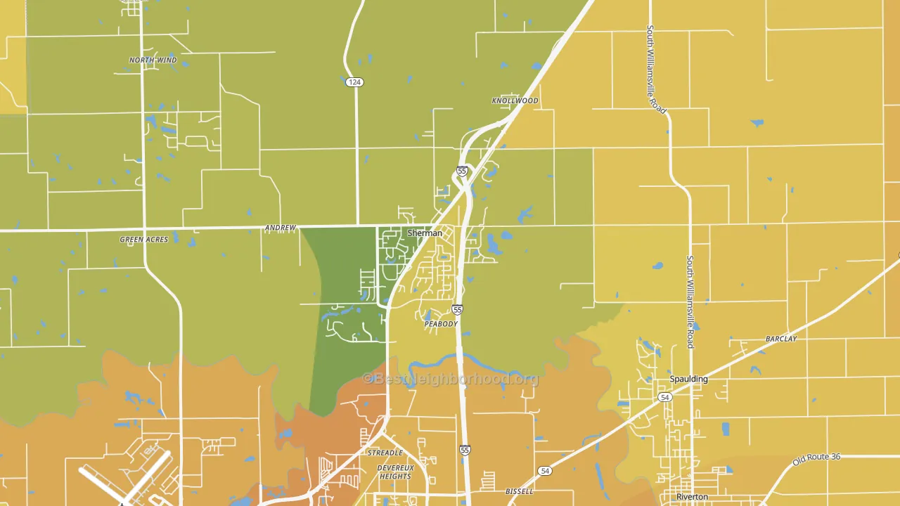 Map of the best neighborhoods in the Sherman area, with better matches in green and worse matches in red