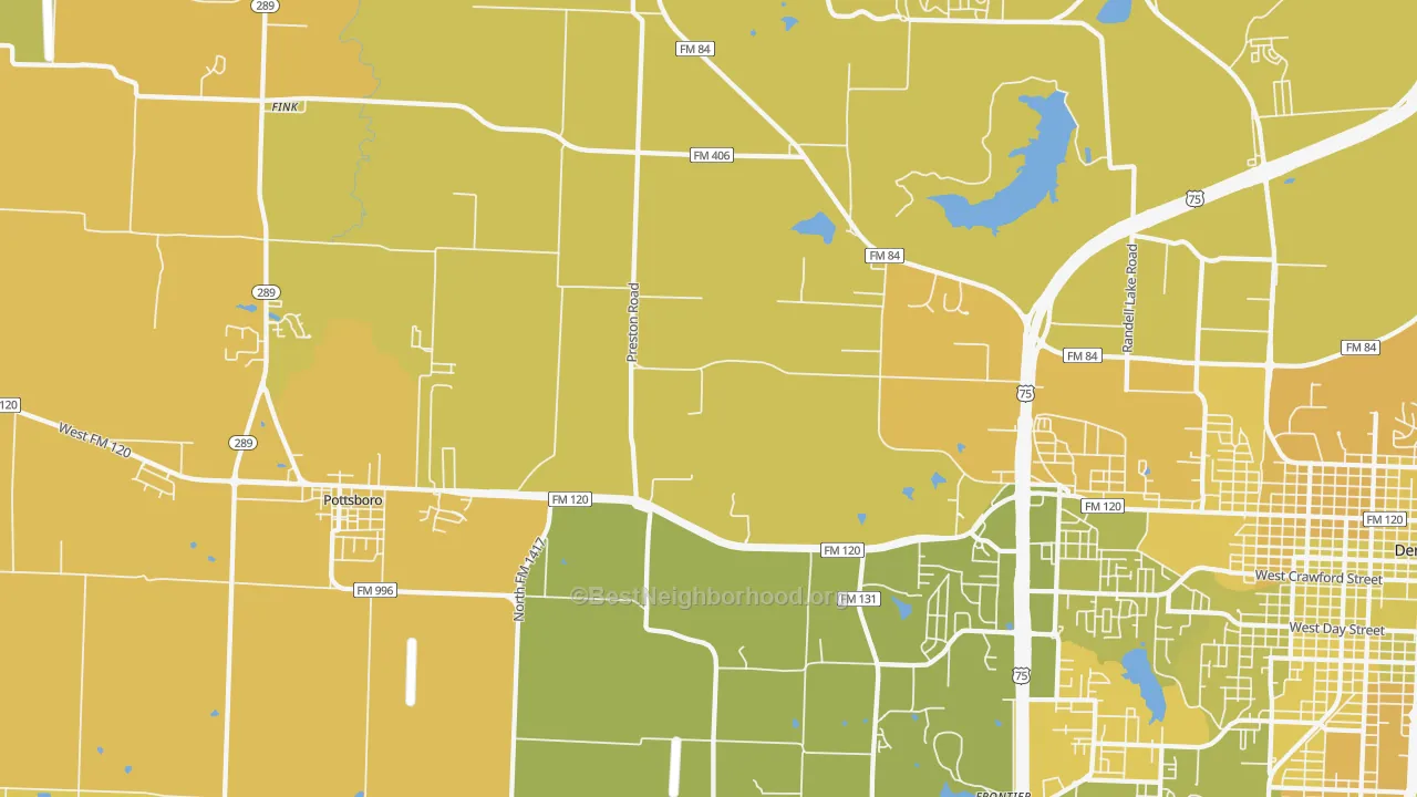 Map of the best neighborhoods in the Sherman Junction area, with better matches in green and worse matches in red