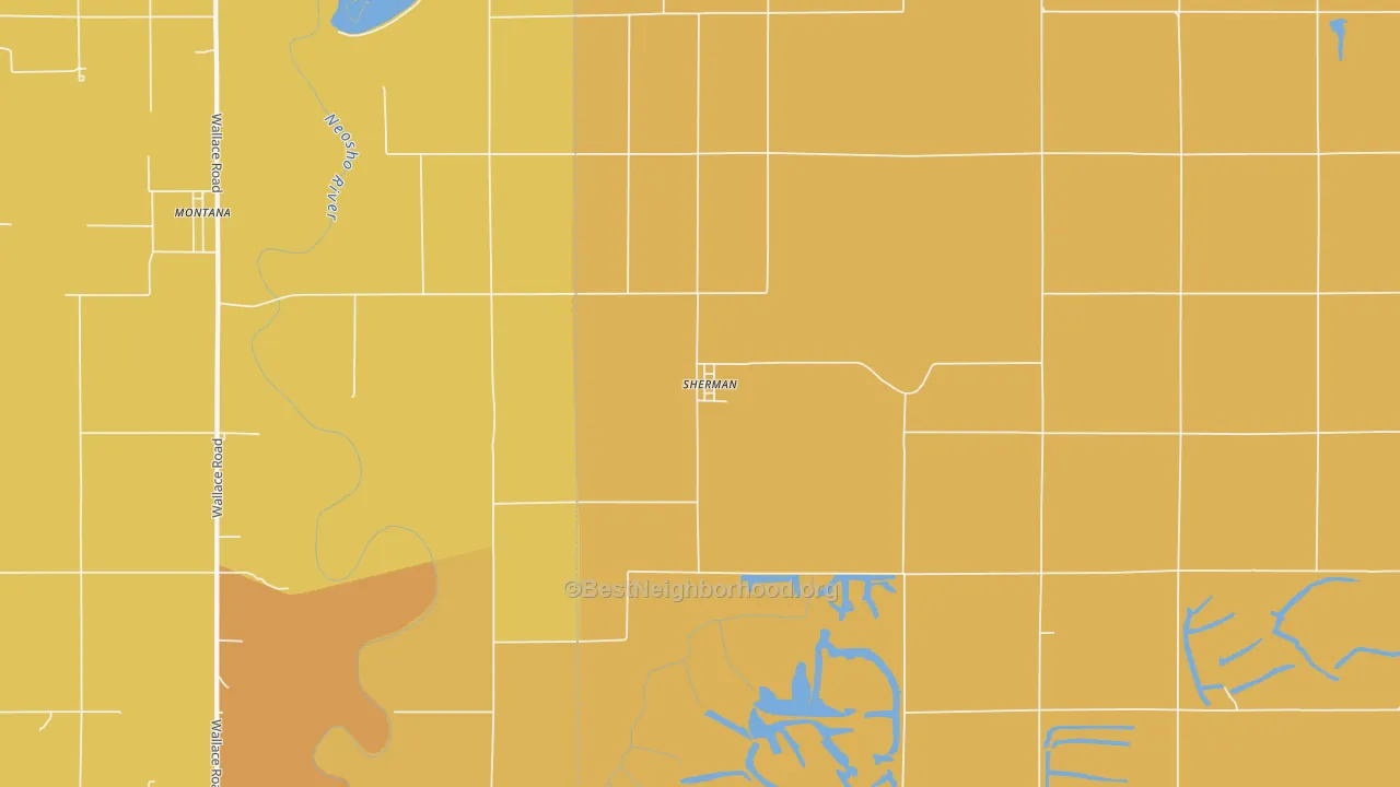 Map of the best neighborhoods in the Sherman area, with better matches in green and worse matches in red