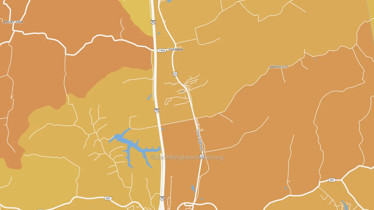 Map of the best neighborhoods in the Sherman area, with better matches in green and worse matches in red
