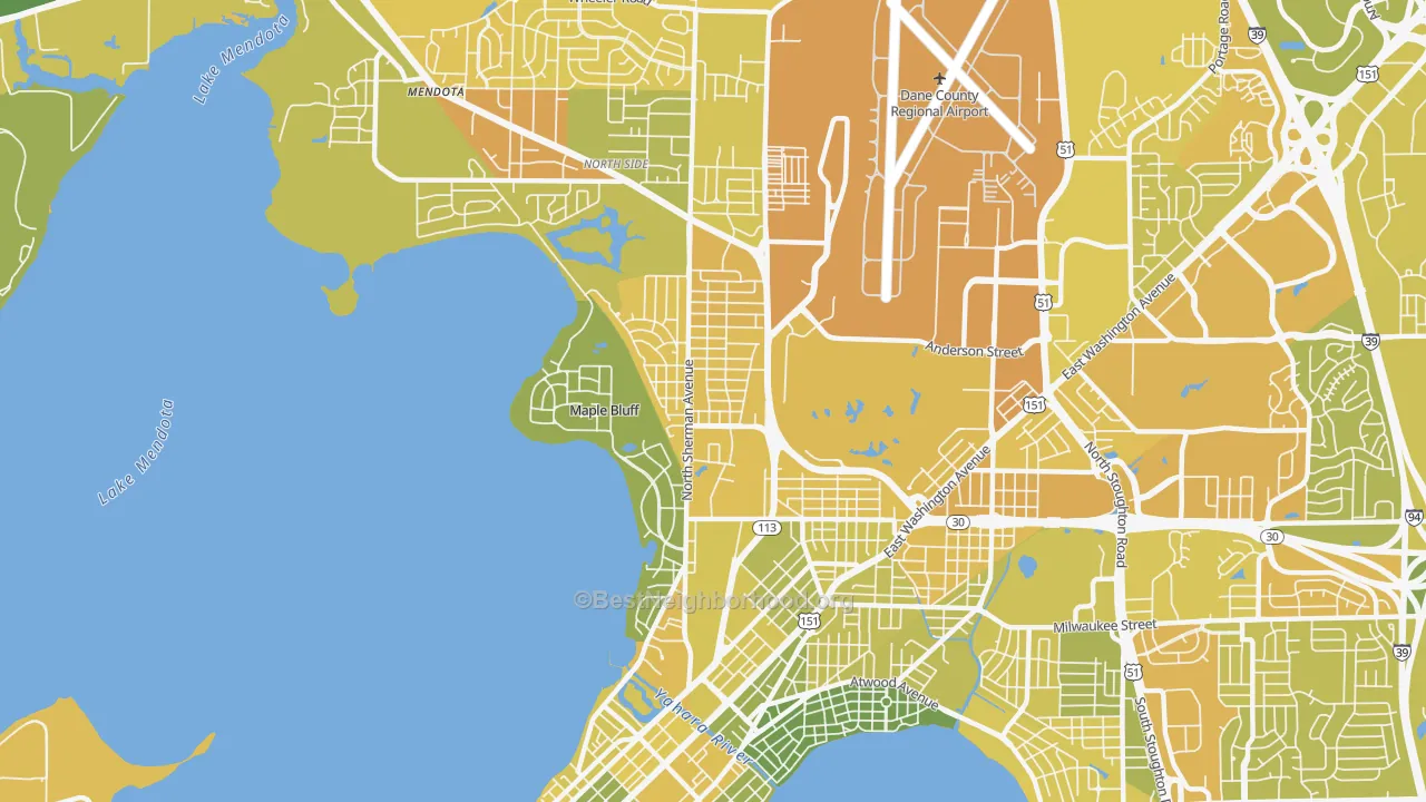 Map of the best neighborhoods in the Sherman, Madison area, with better matches in green and worse matches in red
