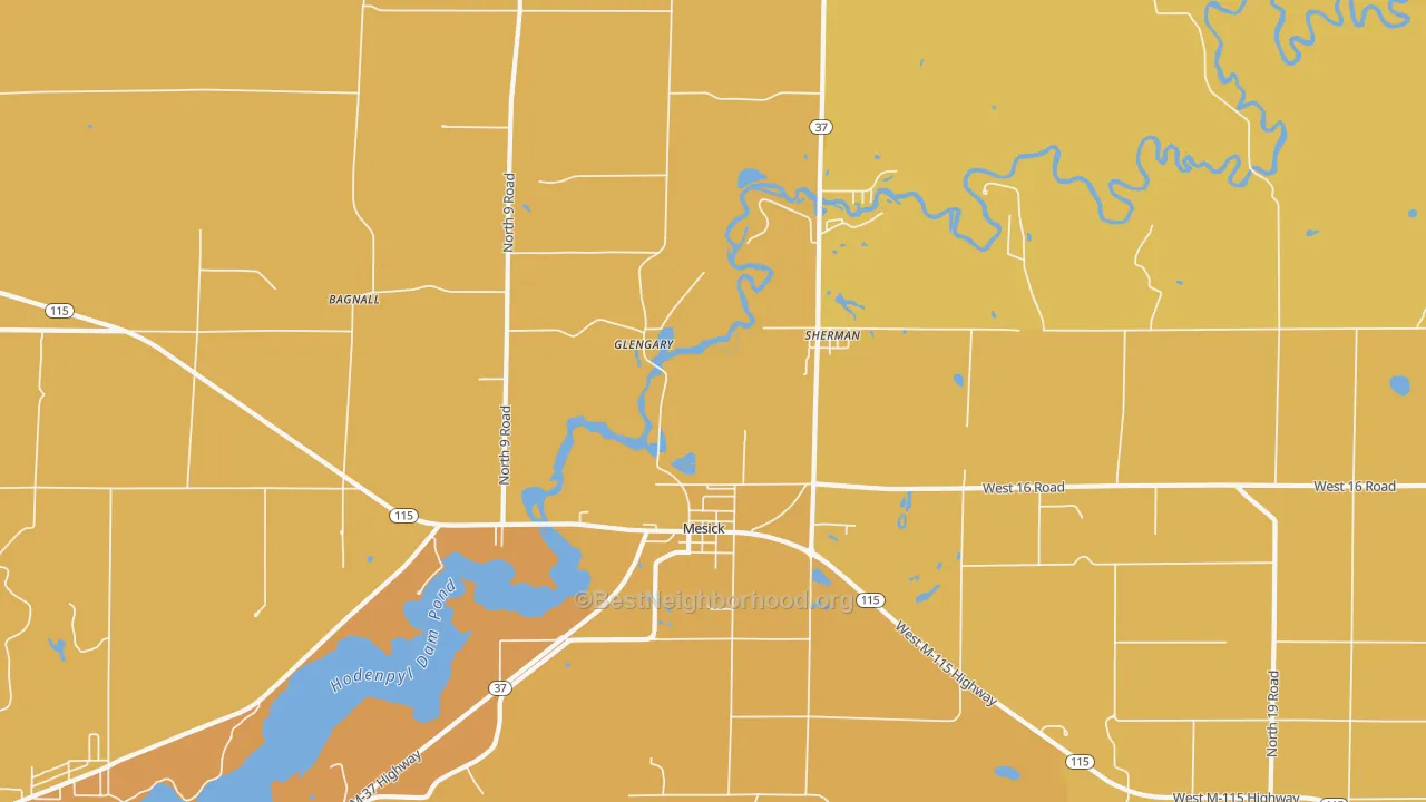 Map of the best neighborhoods in the Sherman area, with better matches in green and worse matches in red