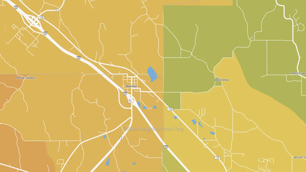 Map of the best neighborhoods in the Sherman area, with better matches in green and worse matches in red