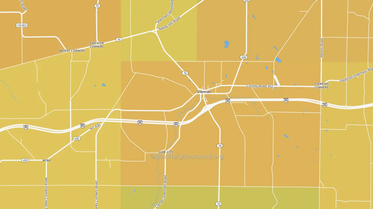 Map of the best neighborhoods in the Sherman area, with better matches in green and worse matches in red