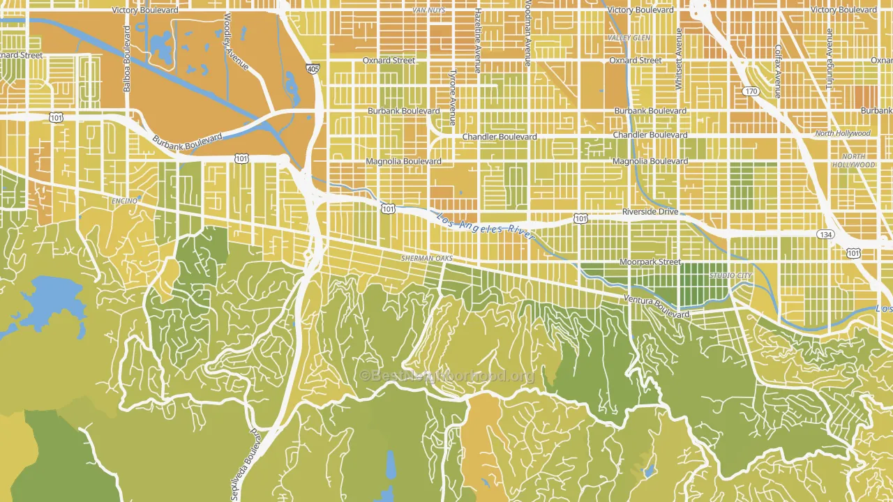 Map of the best neighborhoods in the Sherman Oaks area, with better matches in green and worse matches in red