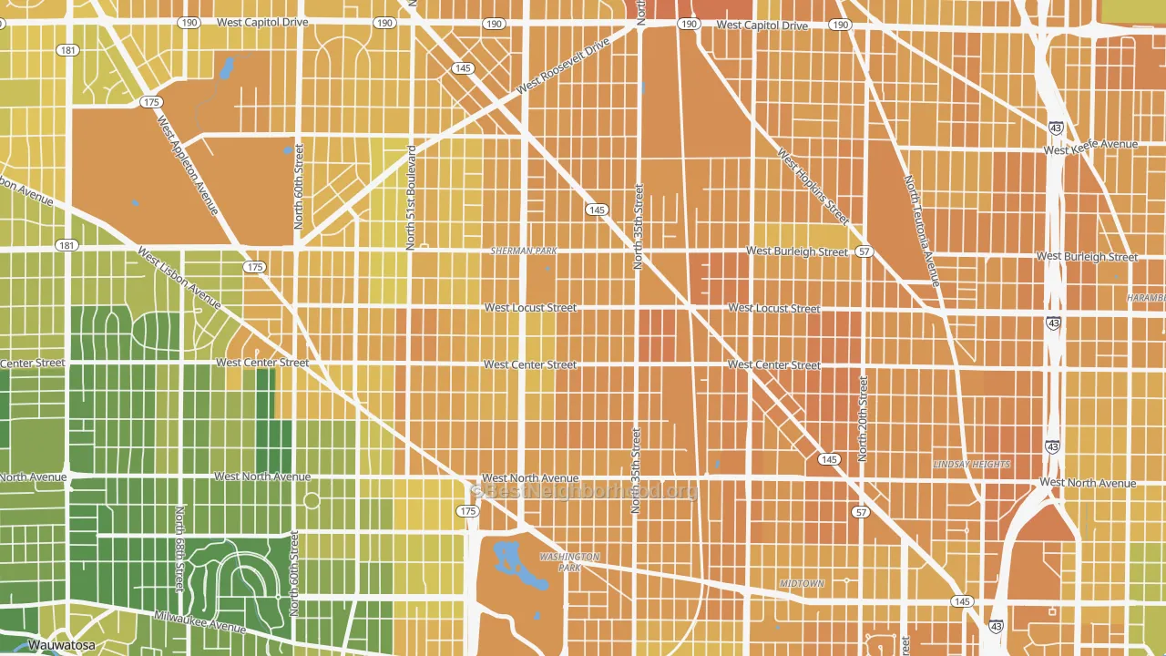 Map of the best neighborhoods in the Sherman Park, Milwaukee area, with better matches in green and worse matches in red