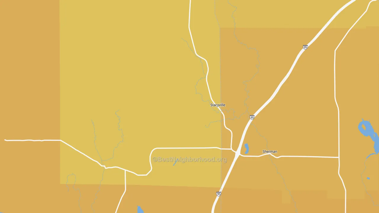 Map of the best neighborhoods in the Sherman Station area, with better matches in green and worse matches in red