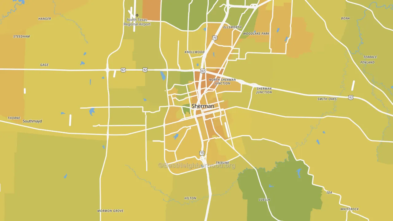 Map of the best neighborhoods in the Sherman Metro area, with better matches in green and worse matches in red