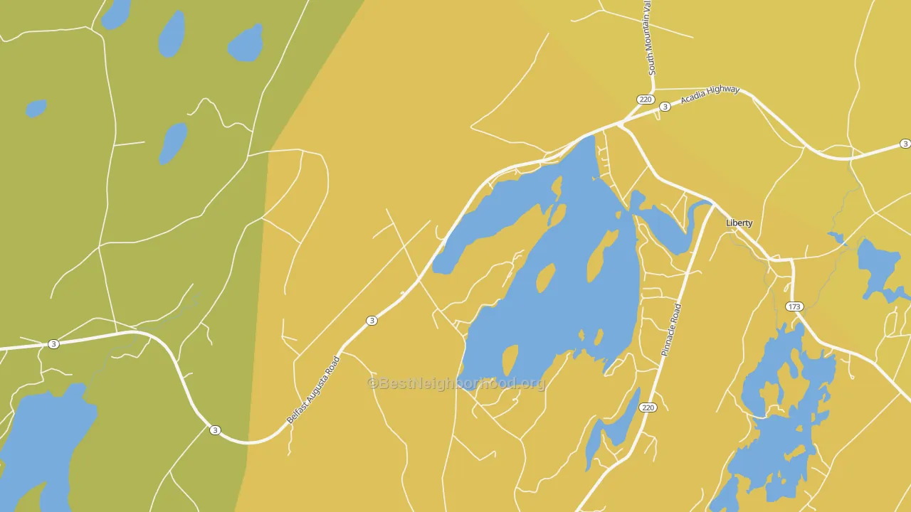 Map of the best neighborhoods in the Shermans Corner area, with better matches in green and worse matches in red