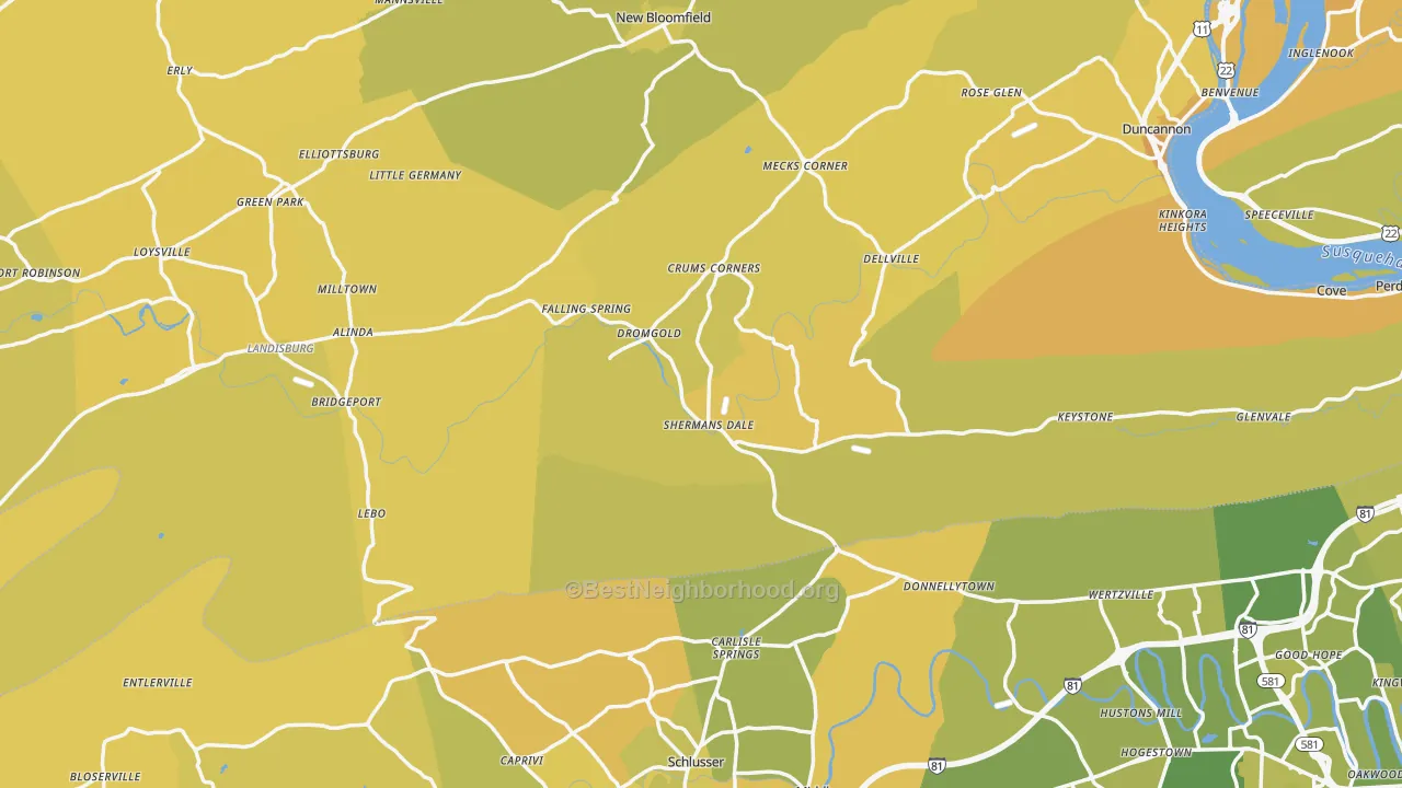 Map of the best neighborhoods in the Shermans Dale area, with better matches in green and worse matches in red