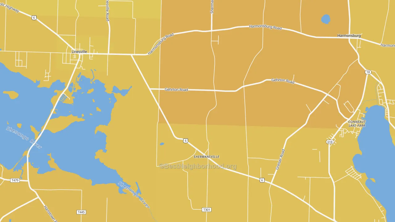 Map of the best neighborhoods in the Shermansville area, with better matches in green and worse matches in red
