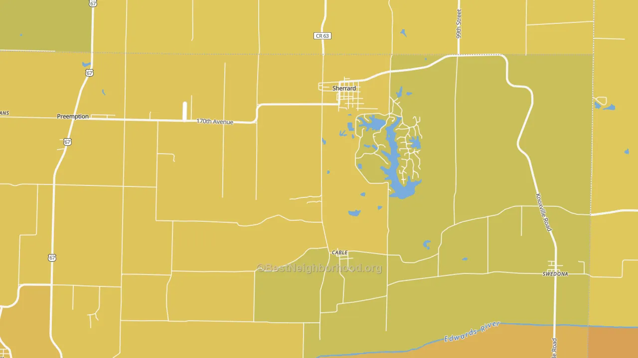 Map of the best neighborhoods in the Sherrard area, with better matches in green and worse matches in red