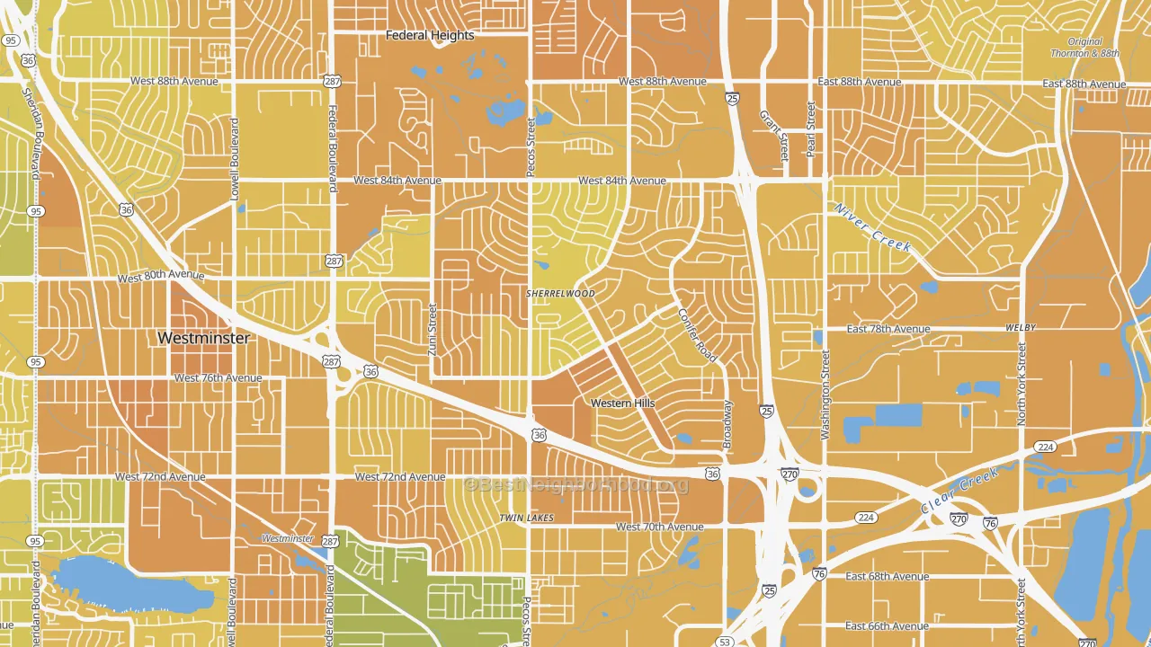 Map of the best neighborhoods in the Sherrelwood area, with better matches in green and worse matches in red
