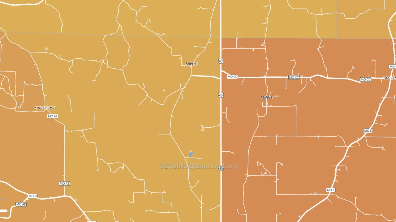 Map of the best neighborhoods in the Sherrill area, with better matches in green and worse matches in red