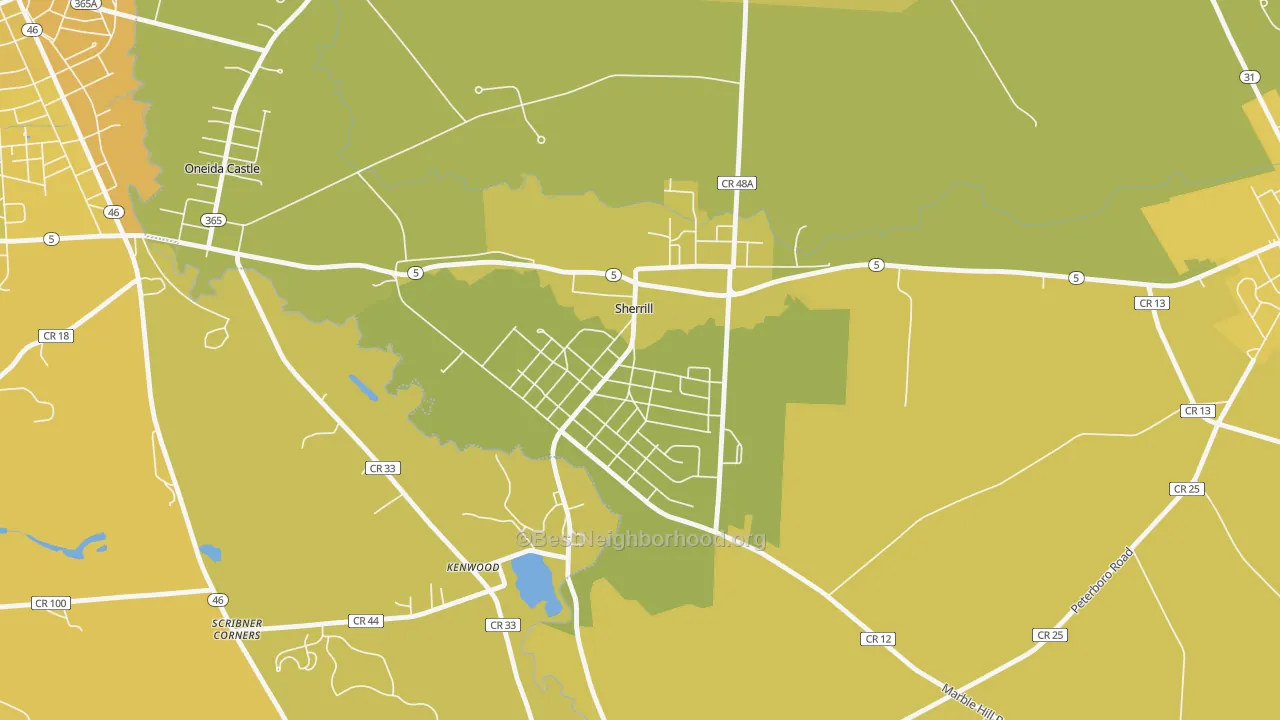 Map of the best neighborhoods in the Sherrill area, with better matches in green and worse matches in red