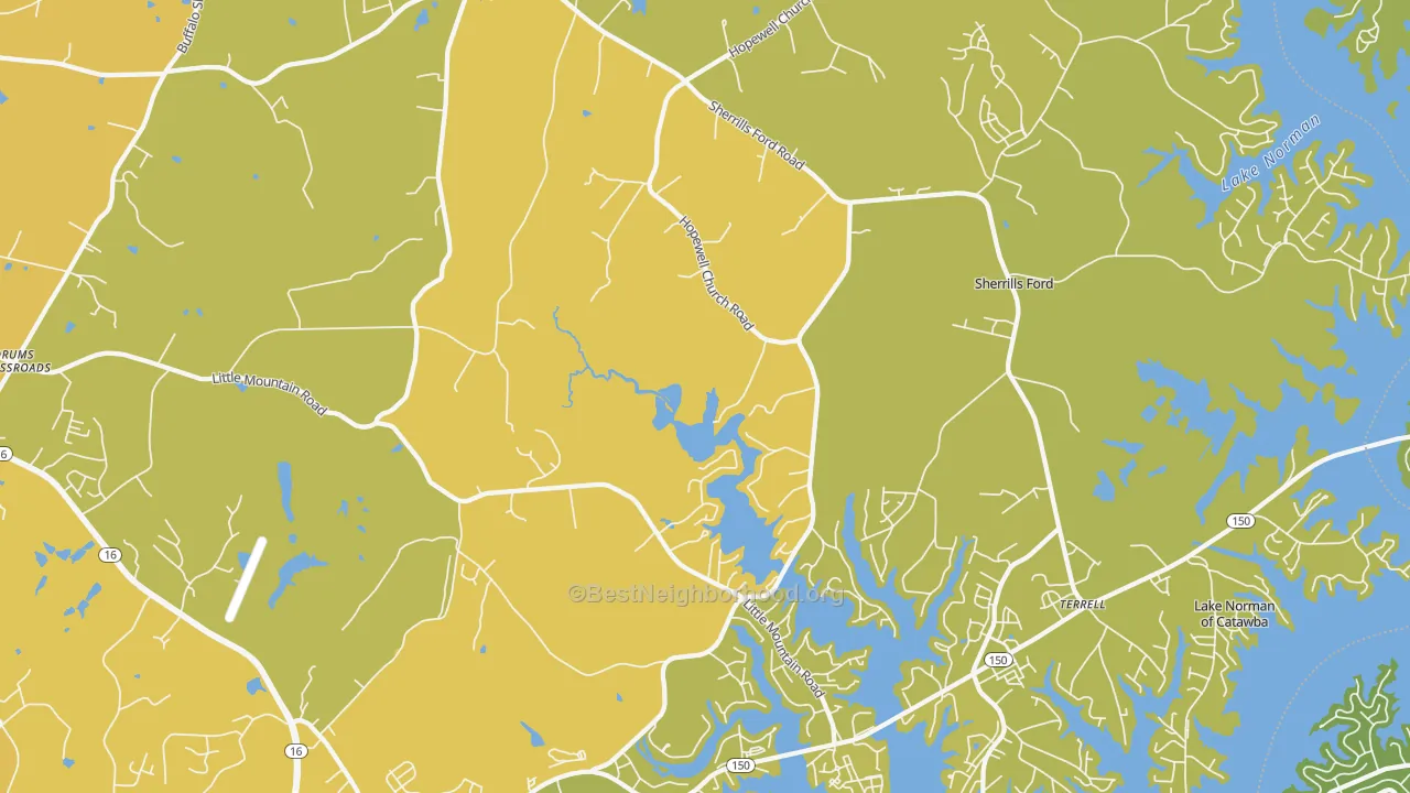 Map of the best neighborhoods in the Sherrills Ford area, with better matches in green and worse matches in red