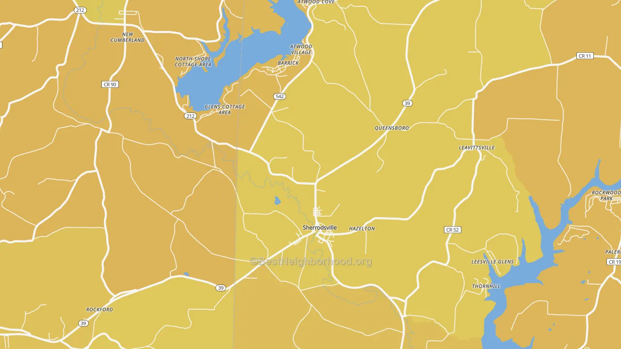Map of the best neighborhoods in the Sherrodsville area, with better matches in green and worse matches in red
