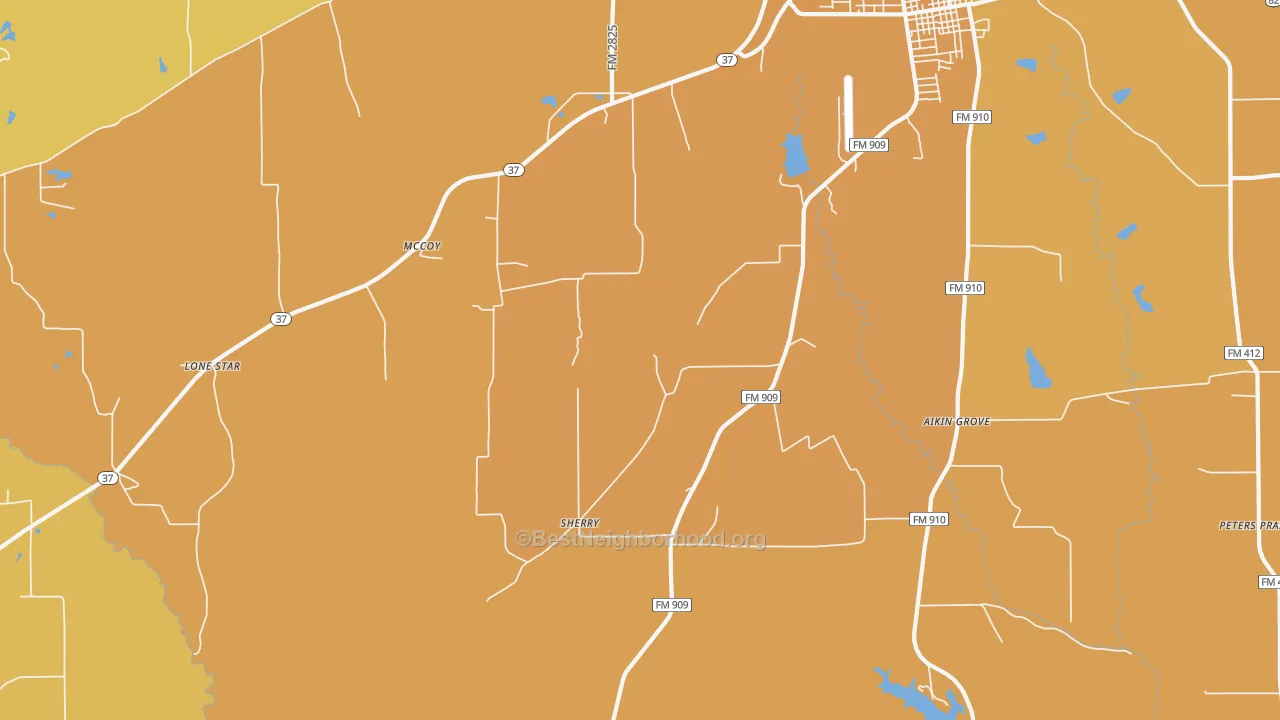 Map of the best neighborhoods in the Sherry area, with better matches in green and worse matches in red