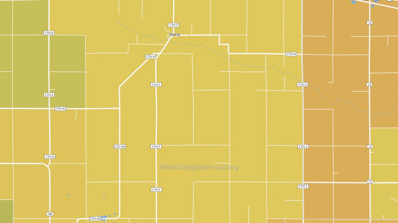 Map of the best neighborhoods in the Sherry area, with better matches in green and worse matches in red