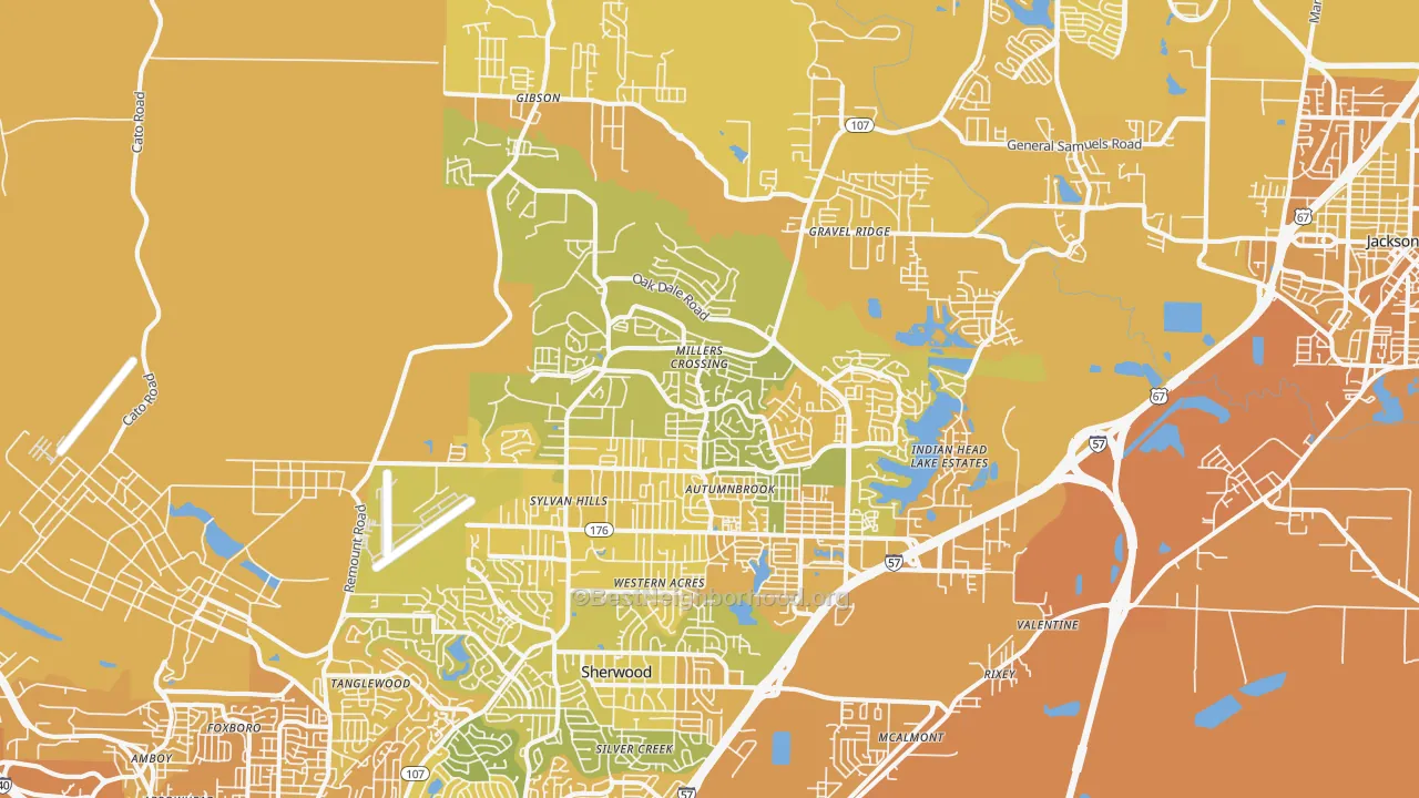 Map of the best neighborhoods in the Sherwood area, with better matches in green and worse matches in red