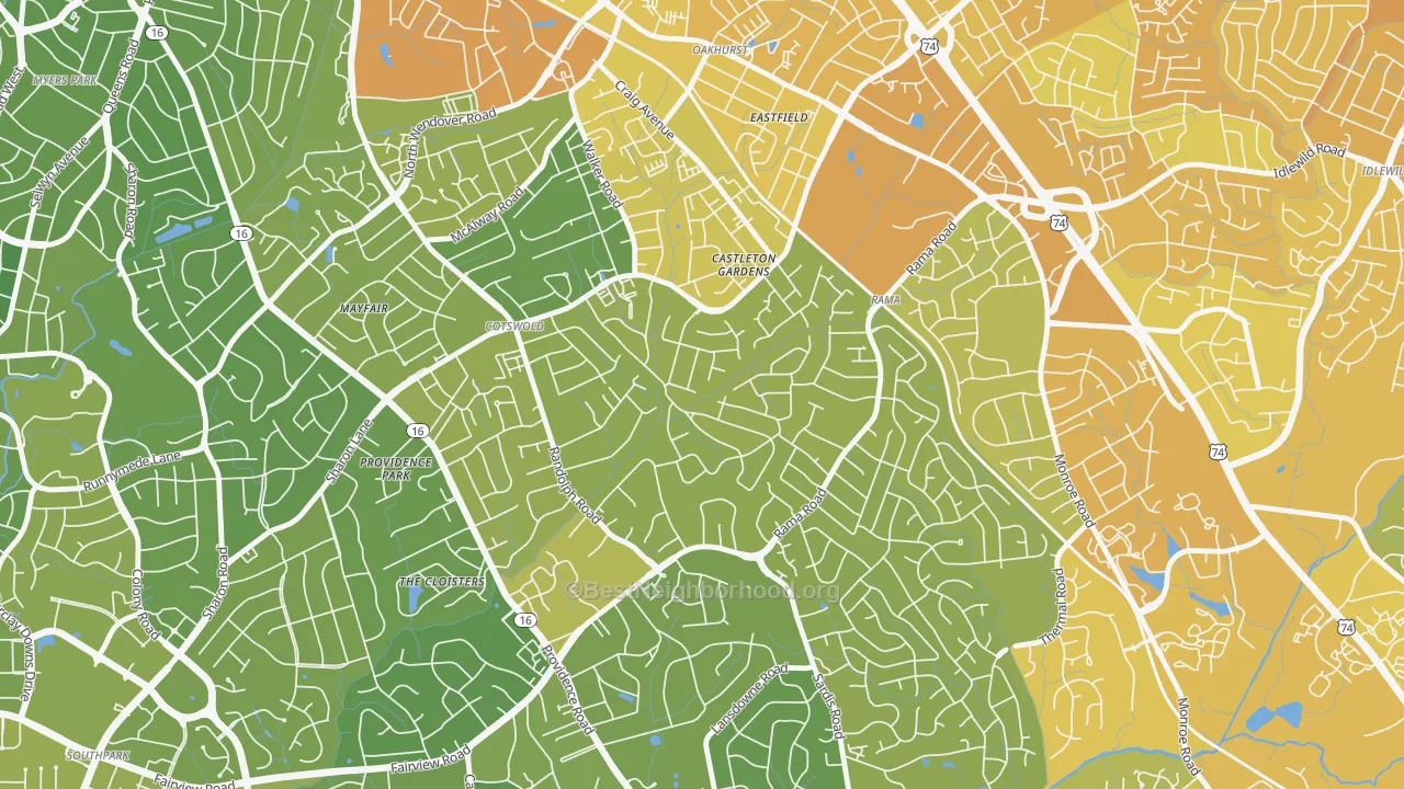 Map of the best neighborhoods in the Sherwood Forest, Charlotte area, with better matches in green and worse matches in red