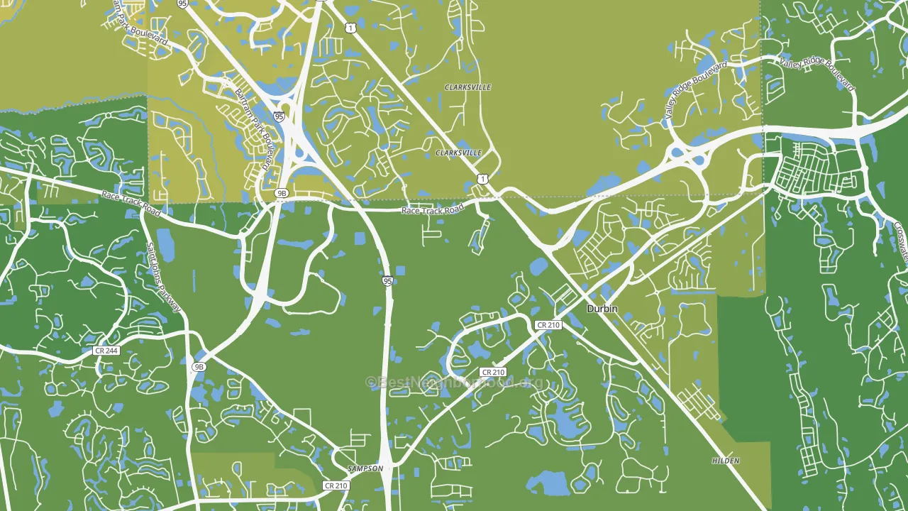 Map of the best neighborhoods in the Sherwood Forest area, with better matches in green and worse matches in red