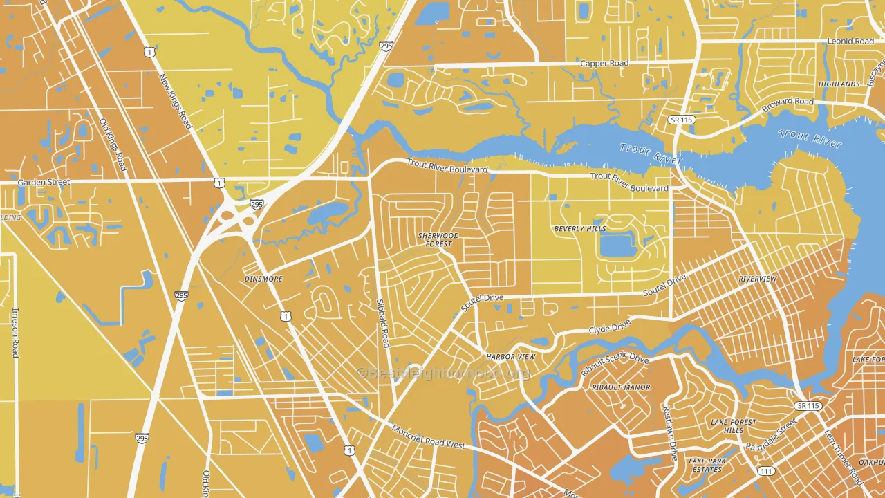 Map of the best neighborhoods in the Sherwood Forest, Jacksonville area, with better matches in green and worse matches in red