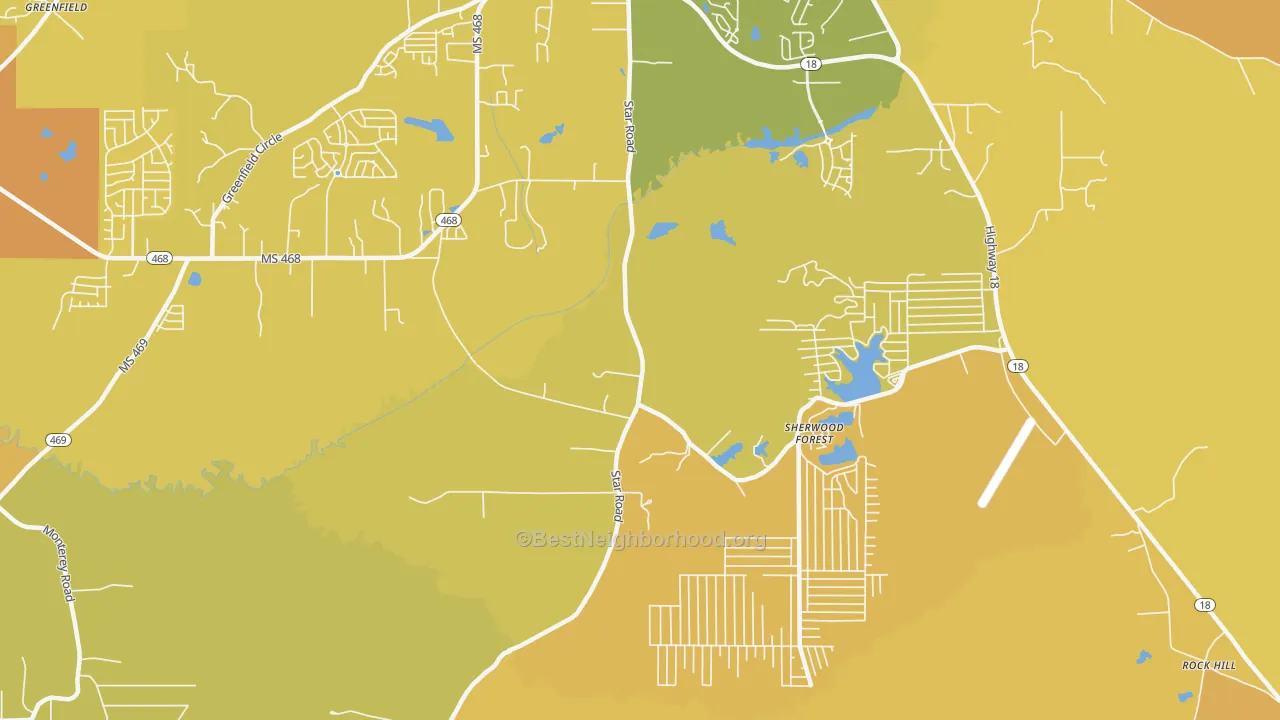 Map of the best neighborhoods in the Sherwood Forest area, with better matches in green and worse matches in red