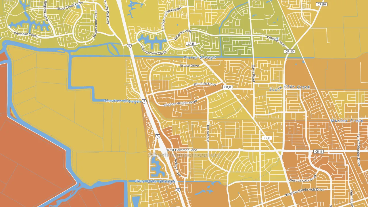 Map of the best neighborhoods in the Sherwood Manor, Stockton area, with better matches in green and worse matches in red