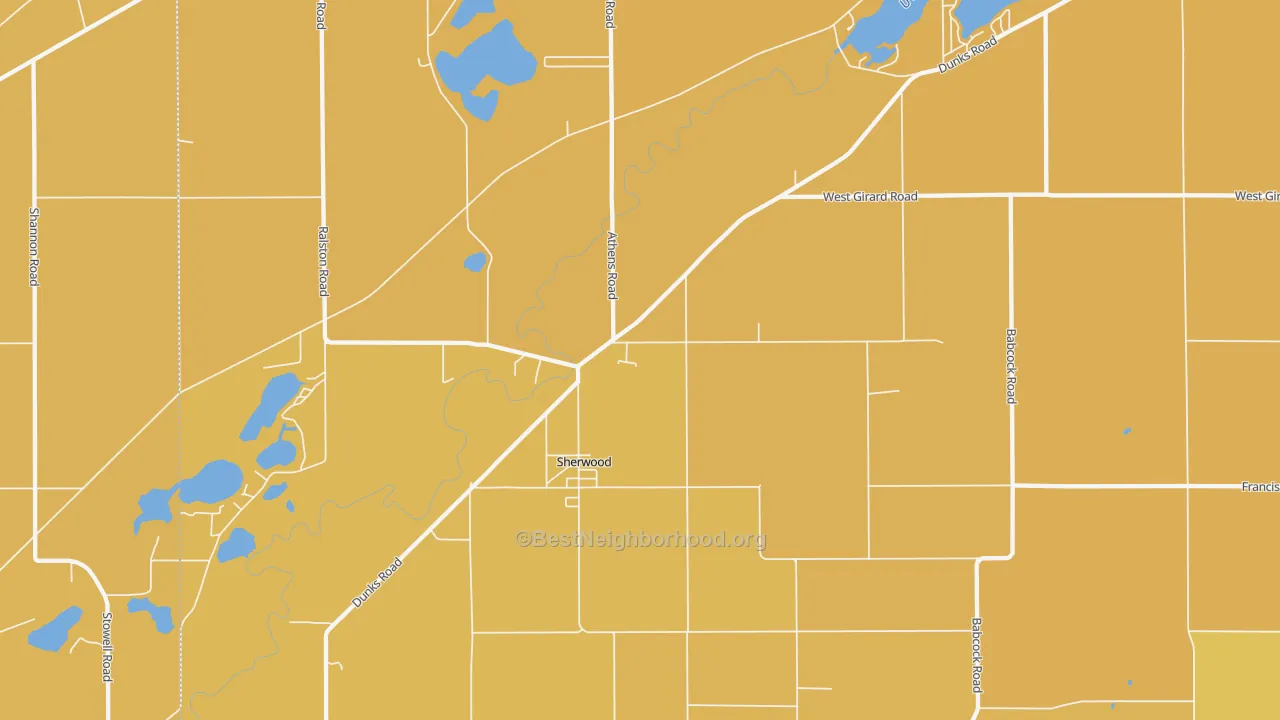 Map of the best neighborhoods in the Sherwood area, with better matches in green and worse matches in red