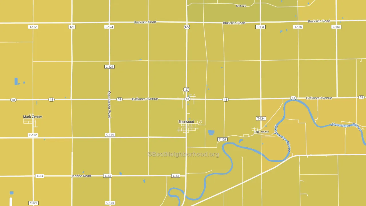 Map of the best neighborhoods in the Sherwood area, with better matches in green and worse matches in red