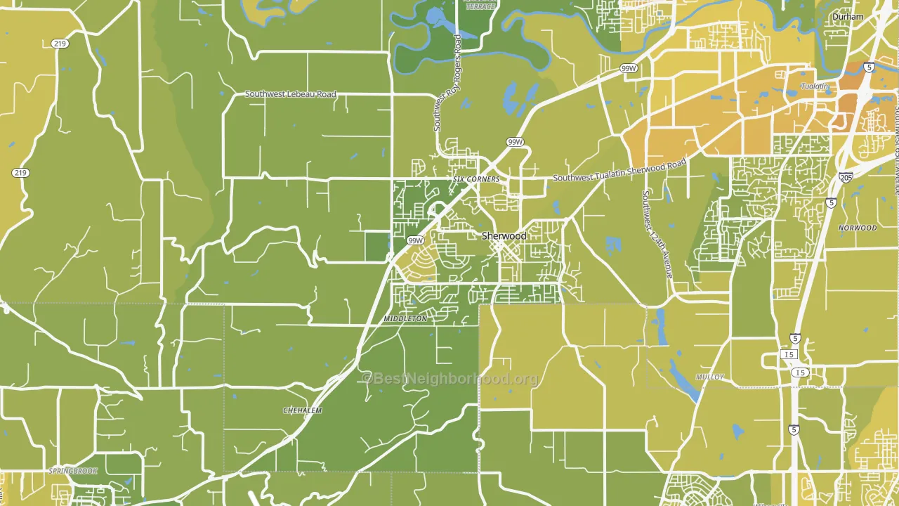 Map of the best neighborhoods in the Sherwood area, with better matches in green and worse matches in red