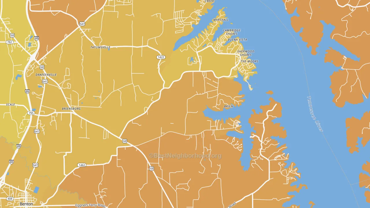 Map of the best neighborhoods in the Sherwood Shores area, with better matches in green and worse matches in red