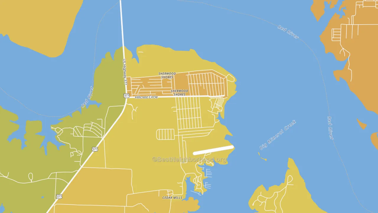 Map of the best neighborhoods in the Sherwood Shores area, with better matches in green and worse matches in red