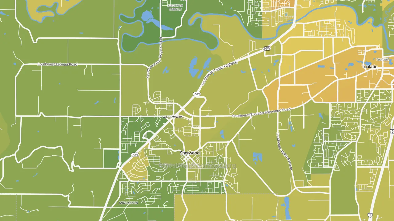 Map of the best neighborhoods in the Sherwood-Tualatin North, Sherwood area, with better matches in green and worse matches in red