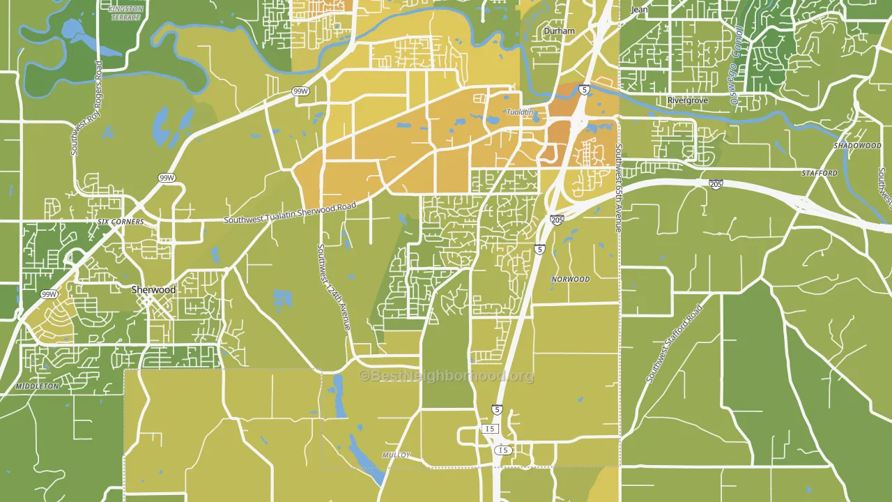 Map of the best neighborhoods in the Sherwood-Tualatin South, Tualatin area, with better matches in green and worse matches in red