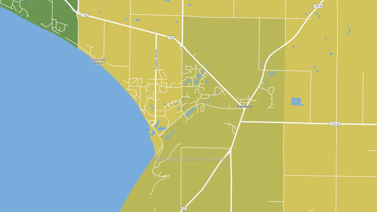 Map of the best neighborhoods in the Sherwood area, with better matches in green and worse matches in red