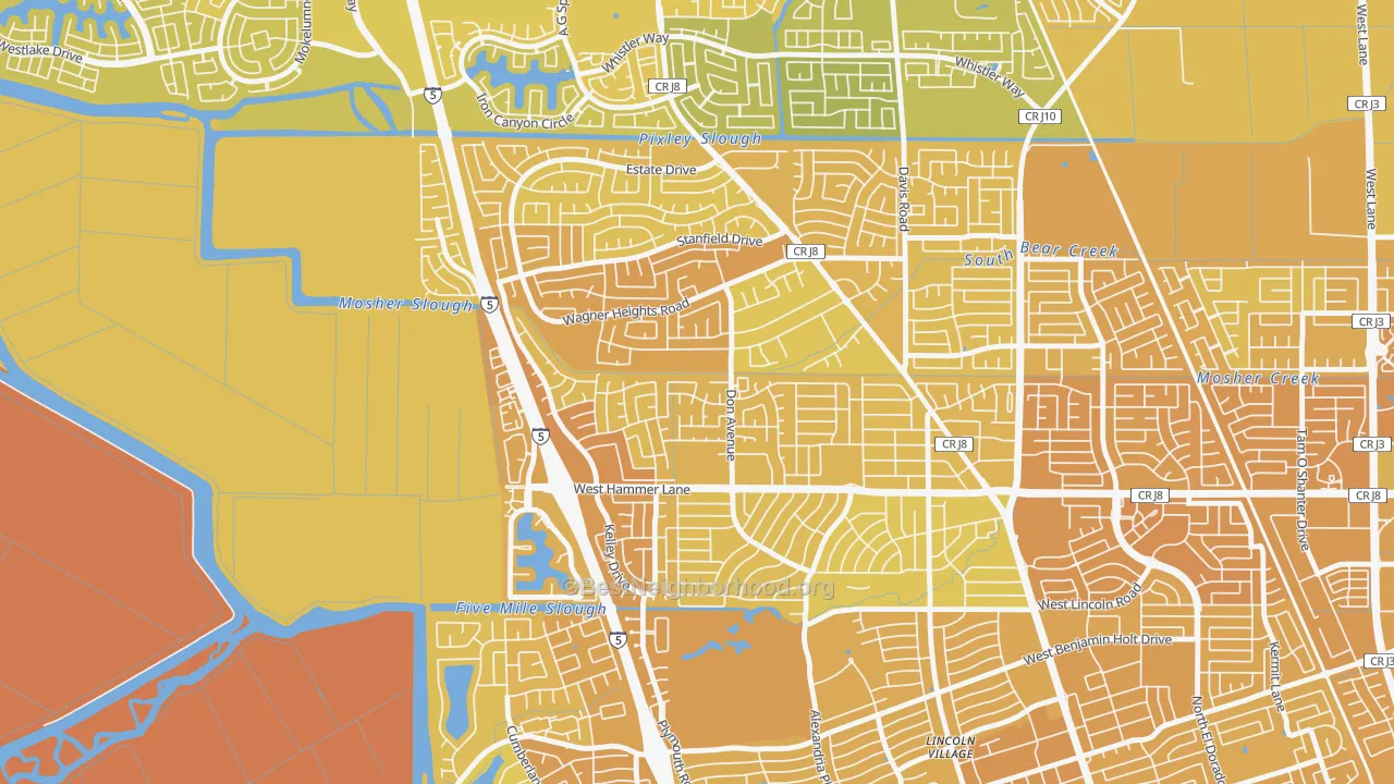 Map of the best neighborhoods in the Sherwoods Manor, Stockton area, with better matches in green and worse matches in red