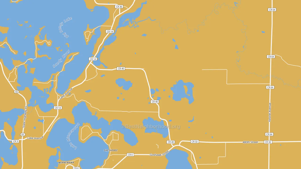 Map of the best neighborhoods in the Sheshebee area, with better matches in green and worse matches in red