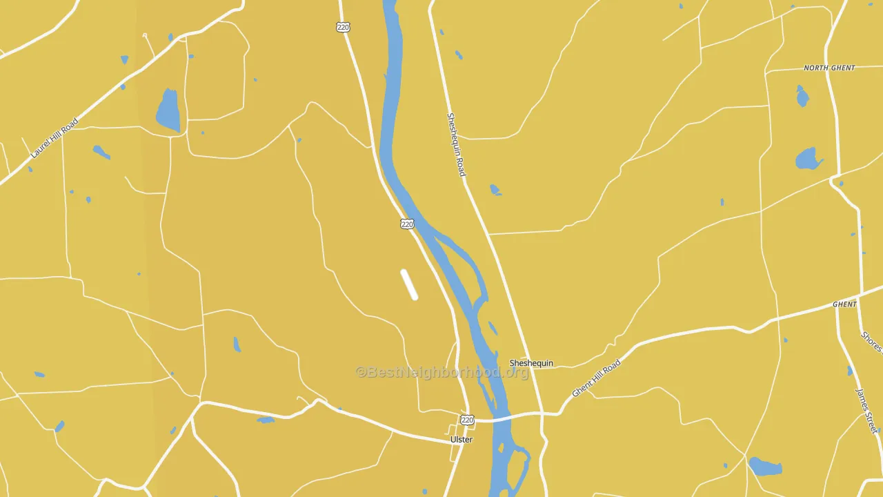 Map of the best neighborhoods in the Sheshequin area, with better matches in green and worse matches in red