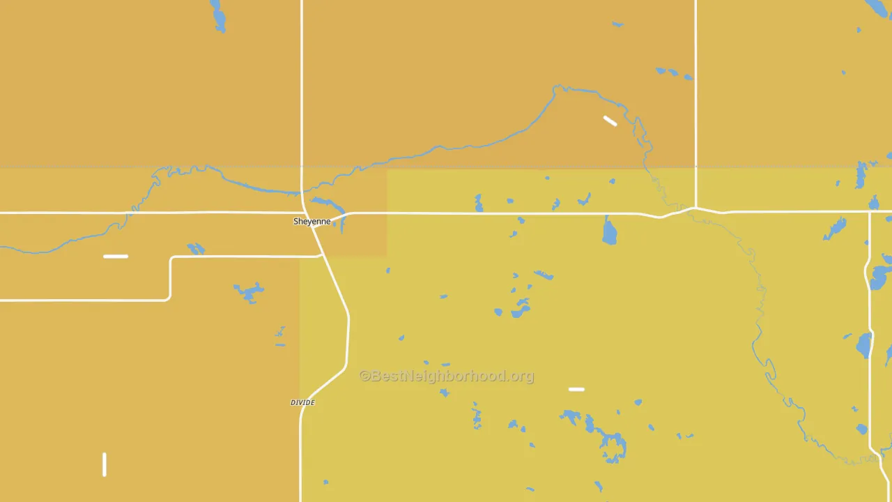 Map of the best neighborhoods in the Sheyenne area, with better matches in green and worse matches in red