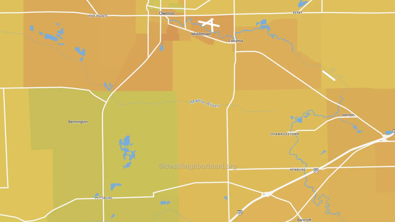 Map of the best neighborhoods in the Shiawassee County area, with better matches in green and worse matches in red