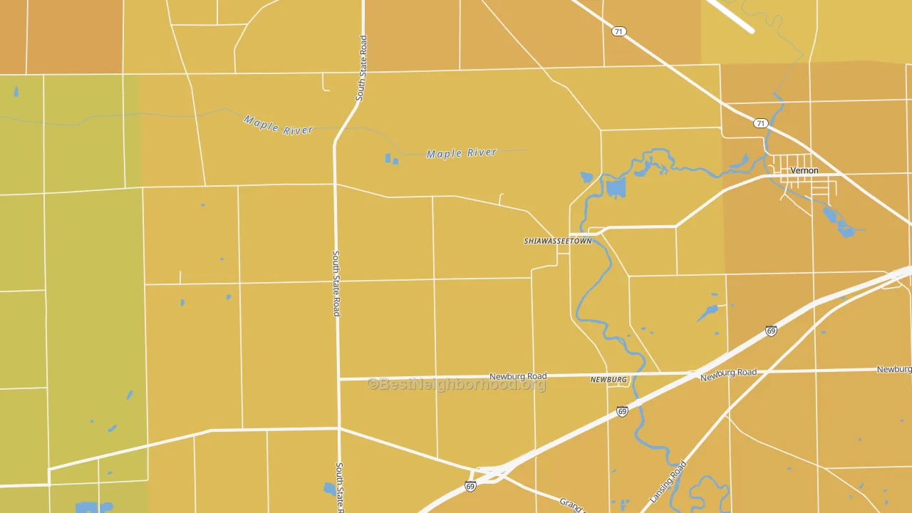 Map of the best neighborhoods in the Shiawasseetown area, with better matches in green and worse matches in red